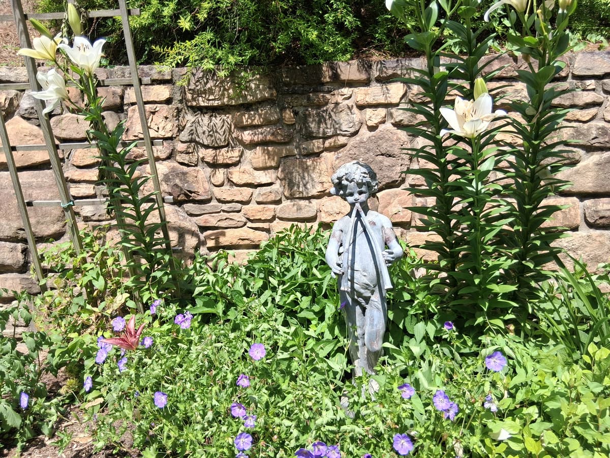 Stone wall planting detail with lilies and garden statue